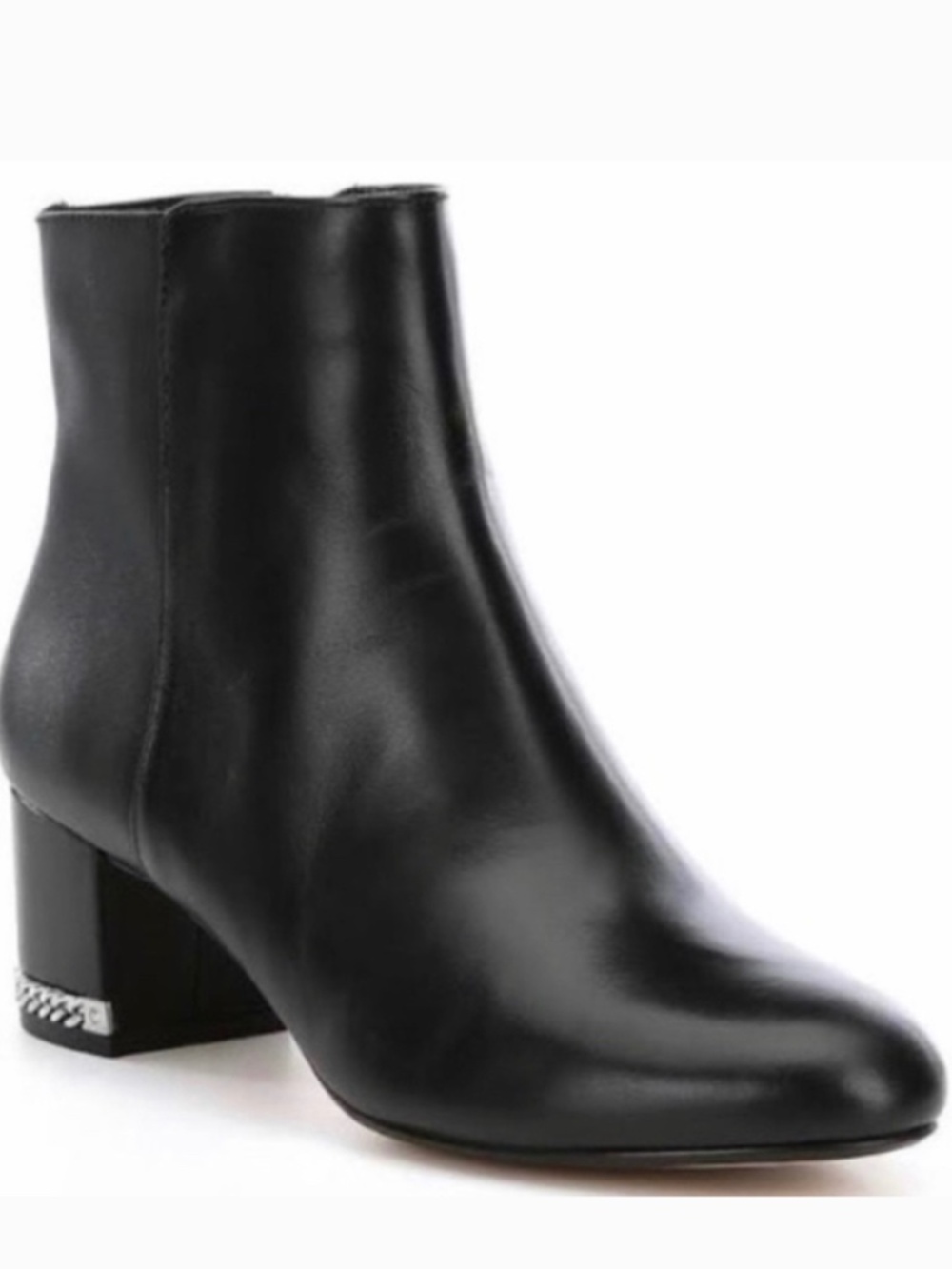 Michael Kors Sabrina Black Leather Silver Chain Heel Zip Ankle Booties Boot 9.5